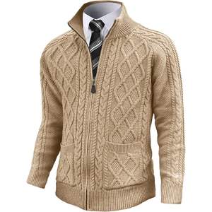 2025 hommes Slim Fit câble tricoté pull avec poches fermeture éclair complète col montant bouton décoration évider ODM approvisionnement - Product Image 2