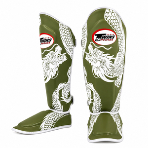 Protège-tibias professionnels de qualité supérieure Twins en cuir de vachette blanc avec impression sérigraphique Dragon et fermeture auto-agrippante - Product Image 5