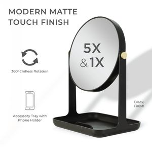 Specchio per il Trucco con Ingrandimento 5X e 1X, Vassoio Porta Accessori e Supporto per Telefono con Funzionalità Pratiche per la Routine di Bellezza - Product Image 2
