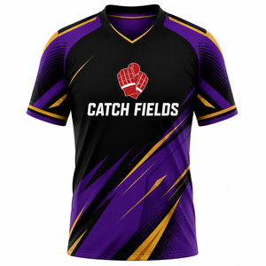 เสื้อฟุตบอลคอวีสำหรับผู้ชาย ยี่ห้อ Catch Fields แบบระบายเหงื่อ สีม่วง ดำ ทอง ทรงแอธเลติก แขนสั้น - Product Image 1