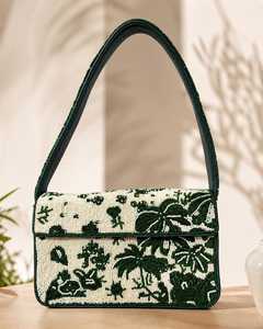 Handmade Embroidered Rectangular Handbag Green <b>White</b> Tropical Pattern Cotton Leather Handle Craft <b>Purse</b> - Product Image 4