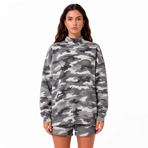 Casual Wear Comfortable <b>Women</b> Camouflage Mock Neck Sweatshirt <b>Shorts</b> Set <b>Long</b> Sleeve Casual Two Piece Outfit For <b>Women</b> - Product Image 5