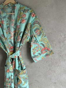 Robe Kimono en Coton Faite Main Imprimée Flocage/Estampage Bloc, Longue, Manches Longues, Col en V, Peignoir Femme Printemps-Été, Modèle Maaunique - Product Image 6