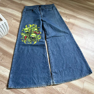 Wide Leg Denim Jeans Men Streetwear Embroidered Alien Print High Waist Loose Fit Stonewashed Cotton <b>Spring</b> Style - Product Image 5