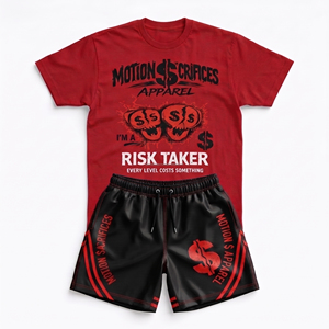 MOTION $ SACRIFICES APPAREL Conjunto de Camiseta Roja y Pantalones Cortos Negros para Hombre, Estilo Urbano, Secado Rápido, Diseño de Calavera con Estampado por Sublimación - Product Image 1