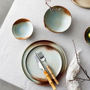Natural yellowish clay coloured unique threaded line pattern multiple styles from Kiln transformation BPA-free <b>dinnerware</b> <b>set</b> - Product Image 1