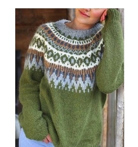 Suéter de lana tejido a mano para mujer, cuello redondo, patrón geométrico, manga larga, grueso, informal, para invierno, verde - Product Image 4