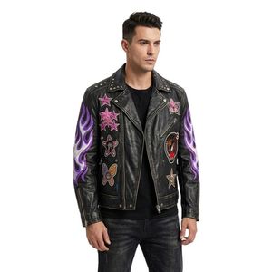 Vestes de motard en cuir violet personnalisées avec des patchs brodés ornés et des badges numérotés en forme de cœur - Product Image 1