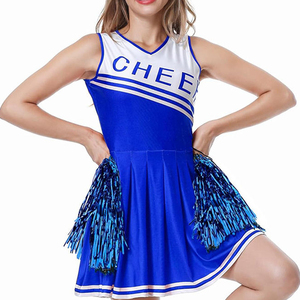 Robe de cheerleading bleue avec pompons et nœud pour cheveux, pour les spectacles des équipes de cheerleading, uniformes féminins avec design de logo personnalisé. - Product Image 2