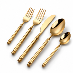 Juego de Cubiertos de Acero Inoxidable Dorado de Lujo con Mango de Bambú, Tenedor, Cuchara, Cuchillo, Vajilla para Hotel, Restaurante, Boda - Product Image 1