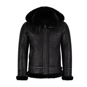 Veste en cuir aviateur B3 noire pour homme, en peau de mouton, style RAF, avec capuche en fourrure noire - Product Image 5