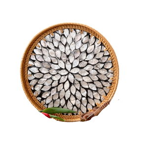 <b>Round</b> Rattan Serving Tray With Mother Of Pearl Handmade Woven <b>Wicker</b> <b>Basket</b> For Coffee Table Decor Ottoman Breakfast Parties - Product Image 1