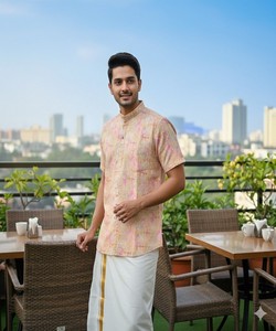 Kurta Dhoti en coton moderne pour homme, bordure dorée, style décontracté régulier, tenue d'été style Inde Pakistan 7STAR- kartikay 85141 - Product Image 1