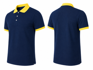 Chemise de golf pour homme bleu marine, col jaune, poignets courts, manches courtes, vêtement décontracté, couleur unie, 100% coton, tissu Oxford tricoté - Product Image 4