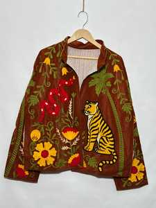 Beautifully Detailed Tiger Snake Palm Tree Statement Rust Suzani Floral Boho Outwear <b>Coat</b> Hand Embroidered Suzani <b>Velvet</b> Jacket - Product Image 1