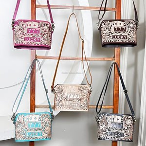 2026 Handcrafted <b>Tooled</b> Genuine <b>Leather</b> Crossbody Handbags Vintage Style Large Capacity Cash Holder Floral Pattern Shoulder Bags - Product Image 4