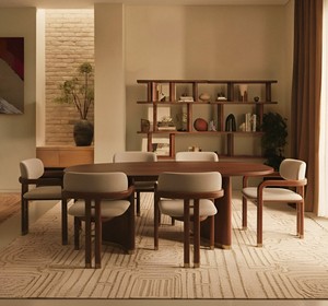 Ensemble de salle à manger en bois de style moderne du milieu du siècle, table ovale avec 6 chaises rembourrées, meubles durables pour la salle à manger - Product Image 1