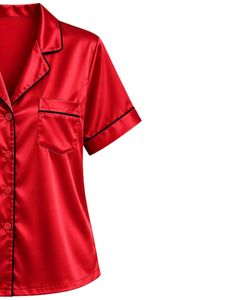 Conjunto de pijama de satén rojo personalizado para mujer, ropa de dormir de seda de lujo, traje de noche con botones, conjunto de loungewear suave de manga corta. - Product Image 4