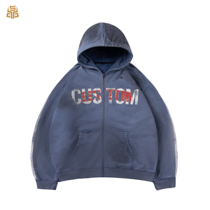 เสื้อฮู้ดซิปผู้ชายผ้าฝ้ายเฟรนช์เทอร์รี่ทรงโอเวอร์ไซส์ ลุคสตรีทแวร์ ซักทำสีซีดแบบดิสเทรส คุณภาพสูง - Product Image 3