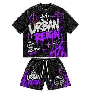 Urban Reign Men's Streetwear T-Shirt and <b>Shorts</b> Set Purple Graffiti Print Summer Casual Outfit Crew Neck Knitted Breathable - Product Image 1