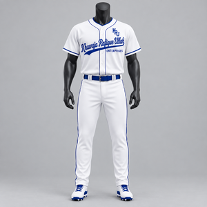 Maillot de baseball Khawaja Rafique Ullah Enterprises pour homme, blanc et bleu, imprimé par transfert thermique, manches courtes, coupe classique, 100 % polyester - Product Image 1