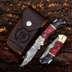 Couteau de poche pliant industriel personnalisé en acier Damas, manche en os rouge, pointe tombante, garantie 3 ans, TARJ ENTERPRISES, camping - Product Image 2