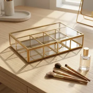 Gold Metal Glass Storage Box With Dividers For <b>Jewelry</b> <b>Organizers</b> - Product Image 1