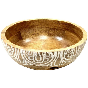 Bol en bois de manguier, bois naturel, sculpté à la main, bol décoratif pour en-cas et fruits, motif floral blanc artisanal gravé sur le bois - Product Image 6