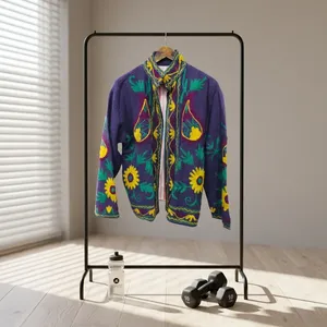Chaqueta Floral Tejida Suzani para Mujer, Cuello Alto, 100% Algodón, Transpirable, Resistente al Viento, para Todas las Temporadas, Estilo Vacacional - Product Image 3