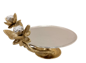 Luxury Silver Metal Cake Stand with Gold Flower Accents Elegant Round Aluminum Pedestal Cupcake Pastry Display Platter - Product Image 2