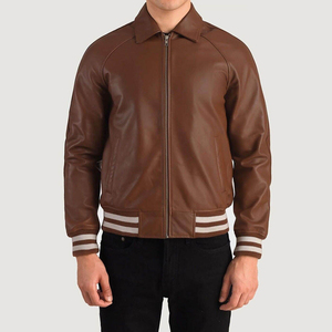 Best Seller Factory-Made Walton Brown Varsity <b>Jacket</b> High Quality Real <b>Sheepskin</b> Leather Stand Collar Eco-Friendly Windproof - Product Image 3