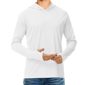 <b>Men's</b> <b>White</b> <b>Long</b> <b>Sleeve</b> Hooded Collar French Terry Knitted Anti-UV Casual <b>Shirt</b> Winter Solid Color Custom Logo Front - Product Image 5