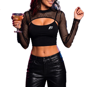 Women's Sheer <b>Mesh</b> <b>Crop</b> <b>Top</b> Long Sleeve Cutout Slim Fit Stretch Casual Fashion Soft Fabric Custom Logo Shirt women's shirt - Product Image 2
