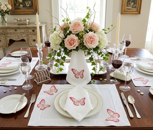 Custom Wholesale QUANG THANH EMBROIDERY Washable Luxury 100% Linen Embroidery Perry Pink Butterfly <b>Placemats</b> Napkins Sets Mats - Product Image 3