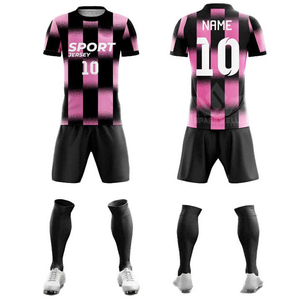 Ensemble de maillots de football personnalisés rose et noir rayés, sublimés, 100 % polyester, col rond, manches courtes, uniforme d'équipe adulte, imprimé sur le devant - Product Image 5