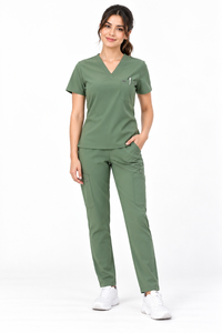Unisex Green V-Neck <b>Scrub</b> <b>Top</b> Spandex Woven Hospital Uniform Needle Detection Seamless Fusing - Product Image 6