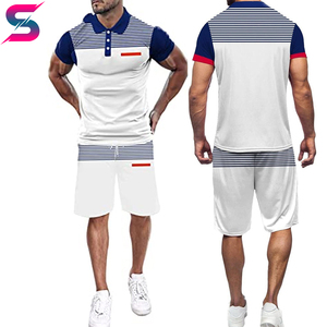 Conjunto de Camiseta Polo y Pantalones Cortos Casuales de Verano para Hombre, Diseño a Rayas con Bloques de Color, Tejido Transpirable, Detalles en Blanco, Azul y Rojo - Product Image 3
