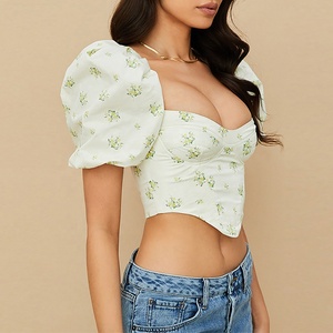 Chemisiers élégants à <span class=keywords><strong>manches</strong></span> <span class=keywords><strong>bouffantes</strong></span> pour femmes, col dans le dos, mini-haut fantaisie, imprimé blanc, col carré, t-shirt ajusté pour femmes - Product Image 2