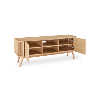 Buffet moderne en teck massif avec porte à lattes, meuble de rangement minimaliste en bois pour salon - Product Image 3
