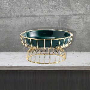 Chic Emerald Green Metal Bowl In Gold Wire Basket Cage <b>Stand</b> Elevates Your Modern Tabletop Decoration For <b>Food</b> Serving - Product Image 1