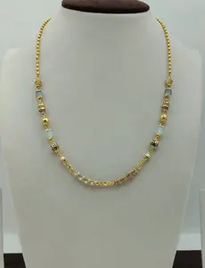 Collier traditionnel en perles dorées avec accents de pierres bleu aqua et grises et perles décoratives en filigrane pour femmes, idéal pour les occasions festives - Product Image 3