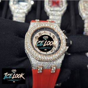 นาฬิกา ICELOOK หรูหราประดับเพชร ขนาด 45 มม. ระบบอนาล็อก โครโนกราฟ ควอตซ์ คริสตัลแซฟไฟร์ สายสแตนเลสประดับมอสซาไนต์ ดีไซน์สปอร์ต สีแดง - Product Image 4