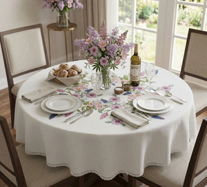 <b>Embroidered</b> Floral Luxury <b>Tablecloth</b> Linen Cotton Washable Durable Reusable Home Wedding Events Use Customizable GREEN SUN - Product Image 1