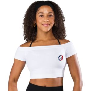 Top Deportivo Corto Blanco para Mujer, con Hombros Descubiertos y Manga Corta, para Gimnasio, Yoga, Ejercicio, Ropa Deportiva Elástica, Entrenamiento Atlético - Product Image 1
