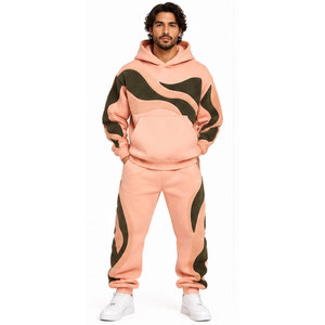 Survêtement à capuche pour homme, couleur pêche, blocs de couleurs, manches longues, décontracté, avec poches latérales, taille mi-haute, coupe régulière, style hiver - Product Image 1