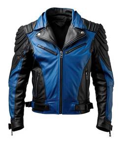 <b>Men</b> <b>Blue</b> Black Color Blocking PU Leather Windproof Breathable Moto Jacket Turn-down Collar Zipper Closure Slim Fit Winter - Product Image 1