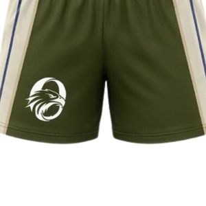 Shorts de netball unisexe vert olive et blanc sublimés, en polyester, coupe athlétique, vêtements de sport avec panneau latéral rayé, tenue de performance pour équipe - Product Image 5