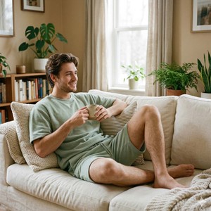 Ensemble de détente personnalisé pour homme en tricot gaufré d'été, T-shirt à manches courtes et short à cordon de serrage, 2 pièces, vert sauge pastel, microfleece respirant - Product Image 5