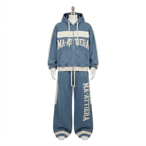 Conjunto de Sudadera con Cremallera Azul Crema y Pantalones Anchos para Hombre, con Paneles en Contraste y Detalles de Tachuelas, Estilo Urbano, Chándal Personalizado OEM ODM - Product Image 3