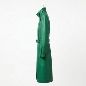 Abrigo Largo de Cuero Genuino Verde para Hombre, con Cierre, Cuello Alto y Cinturón, Impermeable - Product Image 4